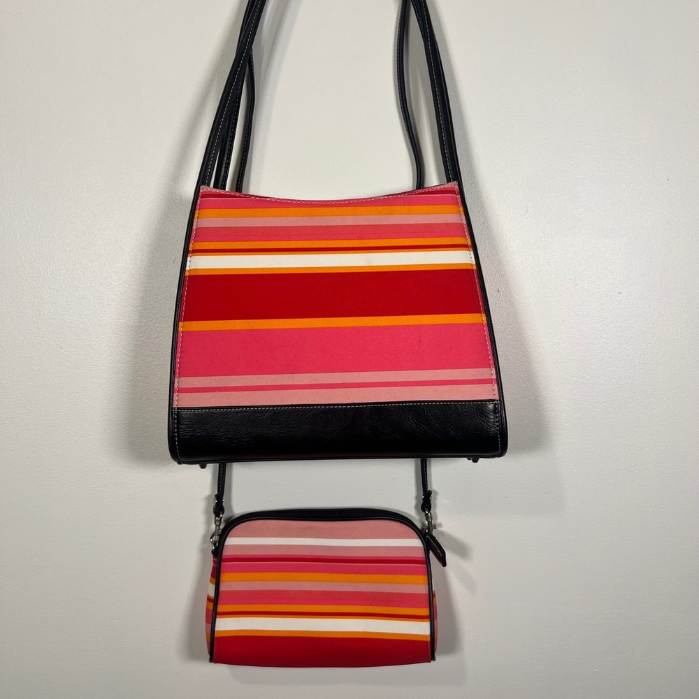 Kate Spade Striped Canvas Shoulder Bag and Crossbody Set Pink Orange Red - Picture 3 of 11